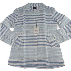 UNTUCKit Women's Vietti Button Front Shirt Size 0 Blue White Striped 100% Linen